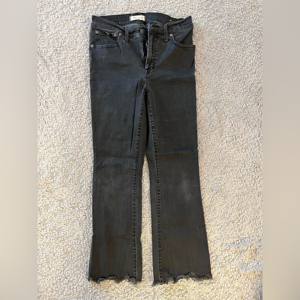 Dark grey, slight-flared jeans